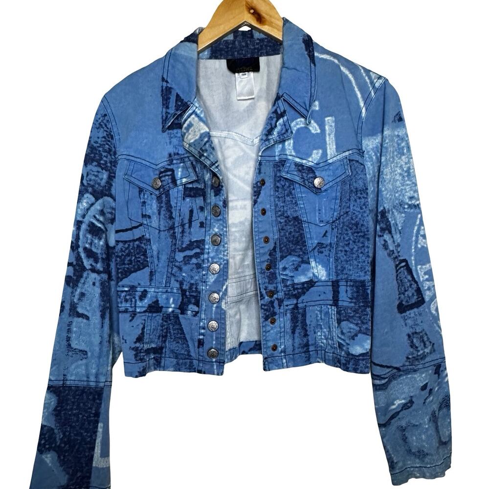 Vintage 90s Christian Lacroix Printed Denim Jacket Cropped Blue Graphic Size 38